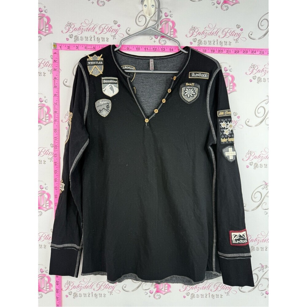 Alp N Rock long sleeve shirt Black Patch Embellished ski Henley Gold Accents